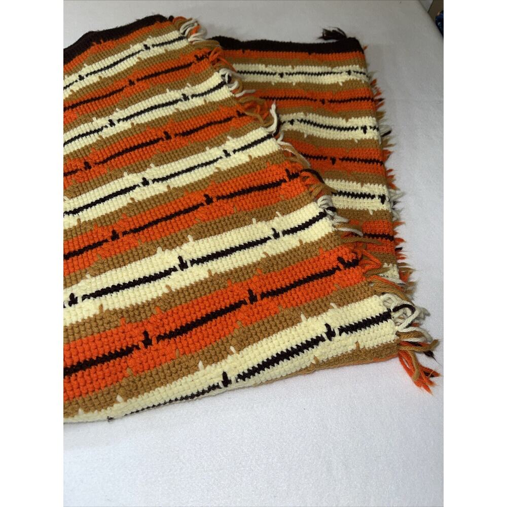 Vintage Crocheted Afghan Throw Orange Brown 70s MCM Fringe Textured 70” x‎ 58”